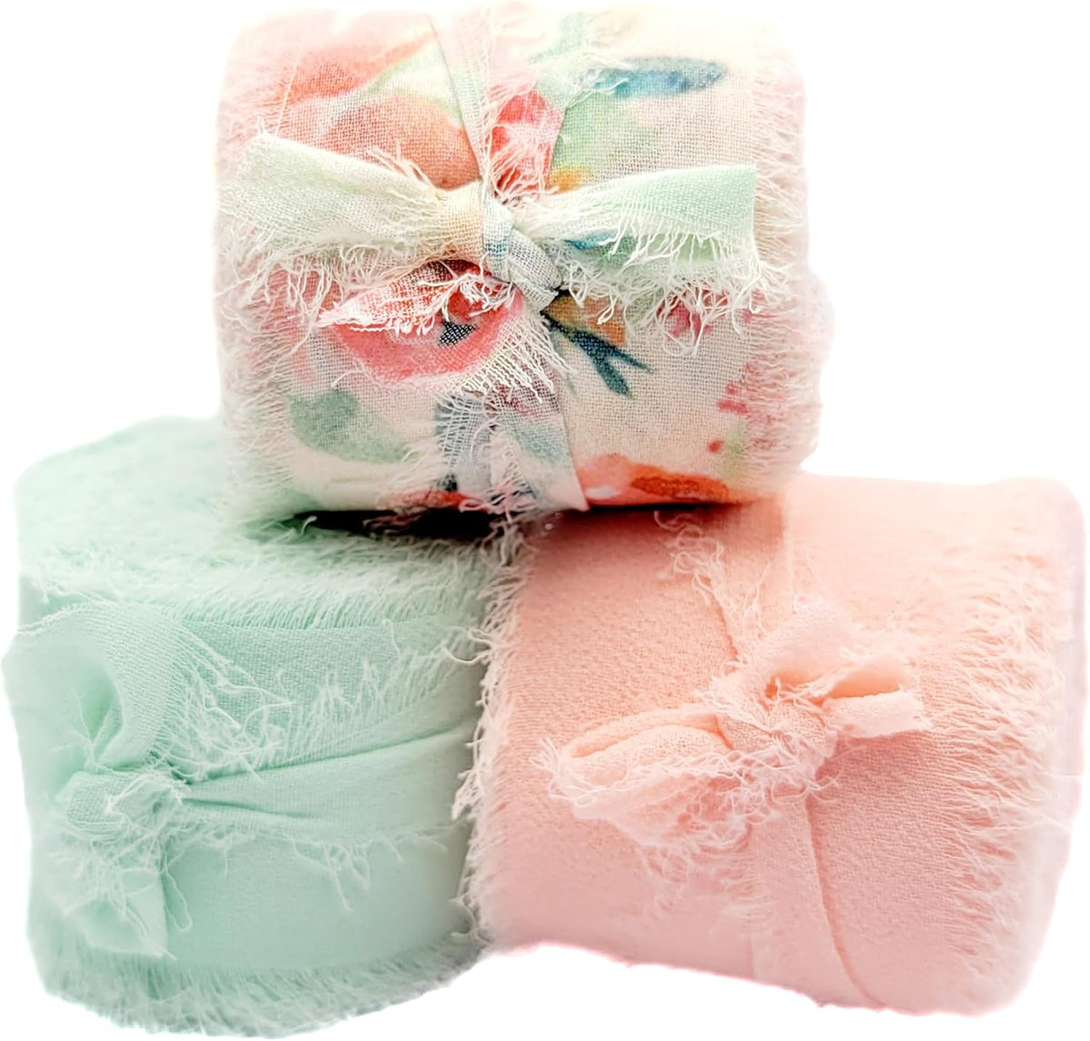 Fringe Chiffon Ribbon, 1.5" X 18 Yards, Use for Wedding Invitations, Flower Bouquets, Gift Wrapping, Crafts, DIYs, Floral Ribbon (Blush/Peach, Mint, Floral)