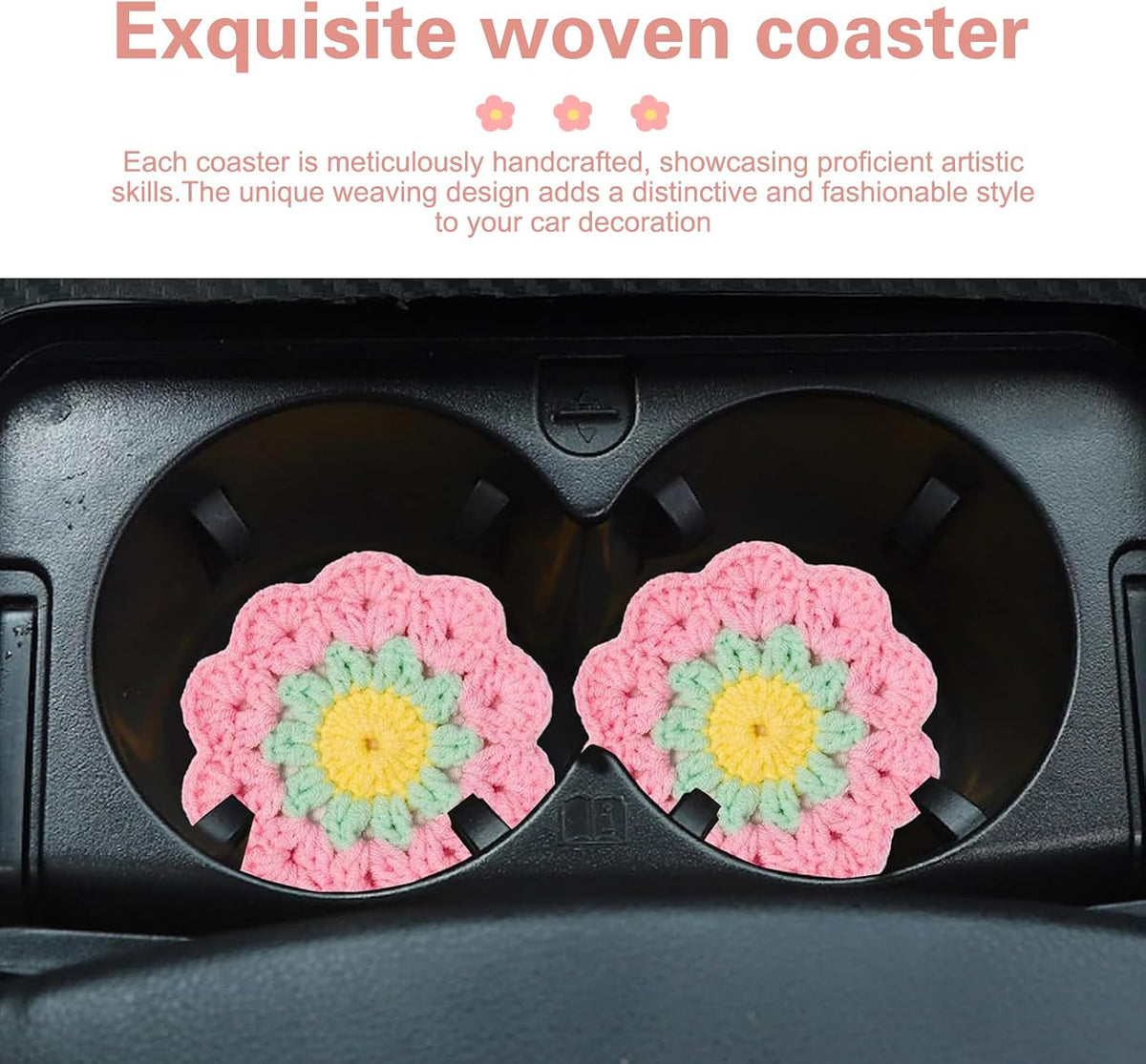 2 PCS Car Flower Coaster, Handmade Knitted Crochet Cotton Floral Coaster for Women Girls, Anti-Slip Heat-Resistant Cup Holder Mat, Cute Interior Accessory for Car & Desk & Home (Pink)