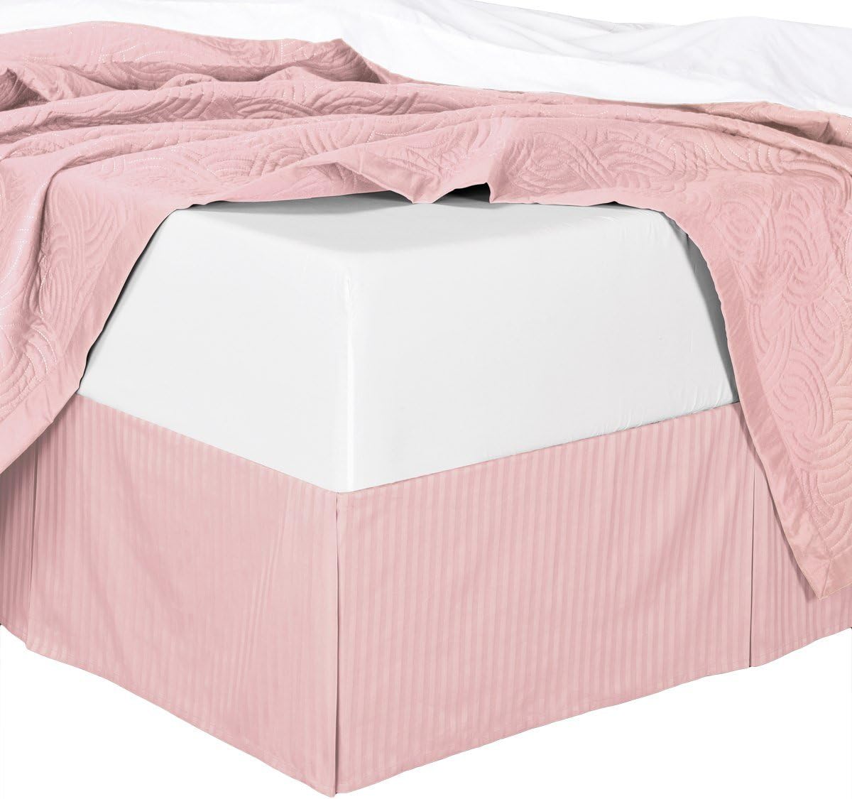 300tc Cotton Stripes Pleated Tailored Bed Skirt with 15 Inches Drop and Split Corners (King, Blush)
