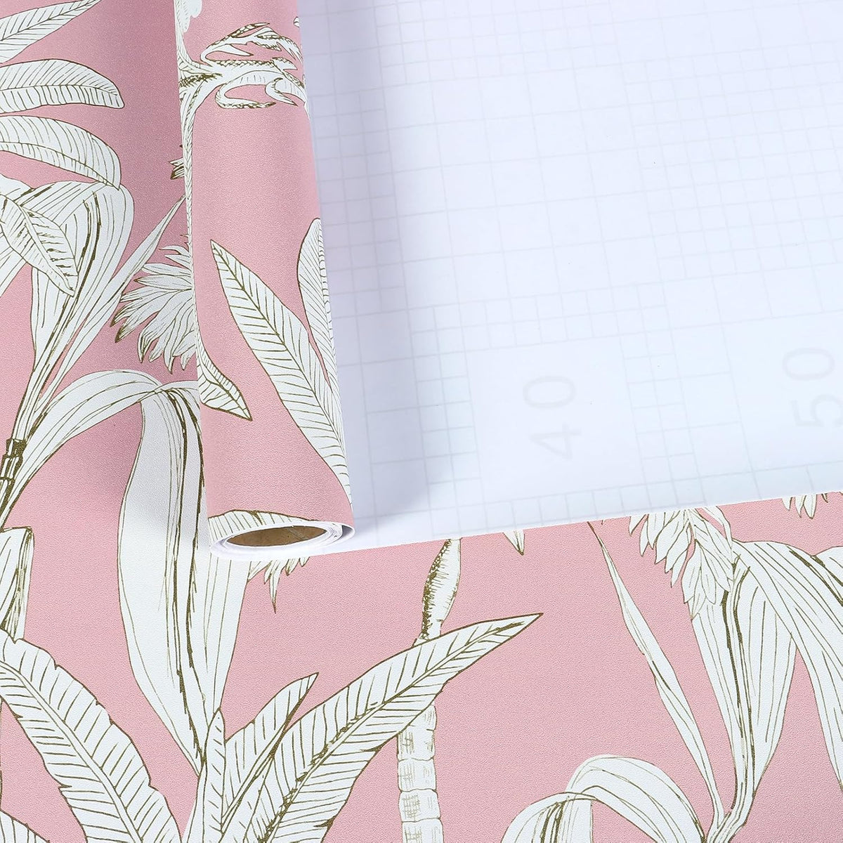 17.7"x393" Pink Palm Tree Wallpaper Tropical Jungle Palm Leaf Peel and Stick Wallpaper Pink and White Floral Contact Paper Waterproof Renter Friendly Wall Paper for Bathroom Girls Room Shelf