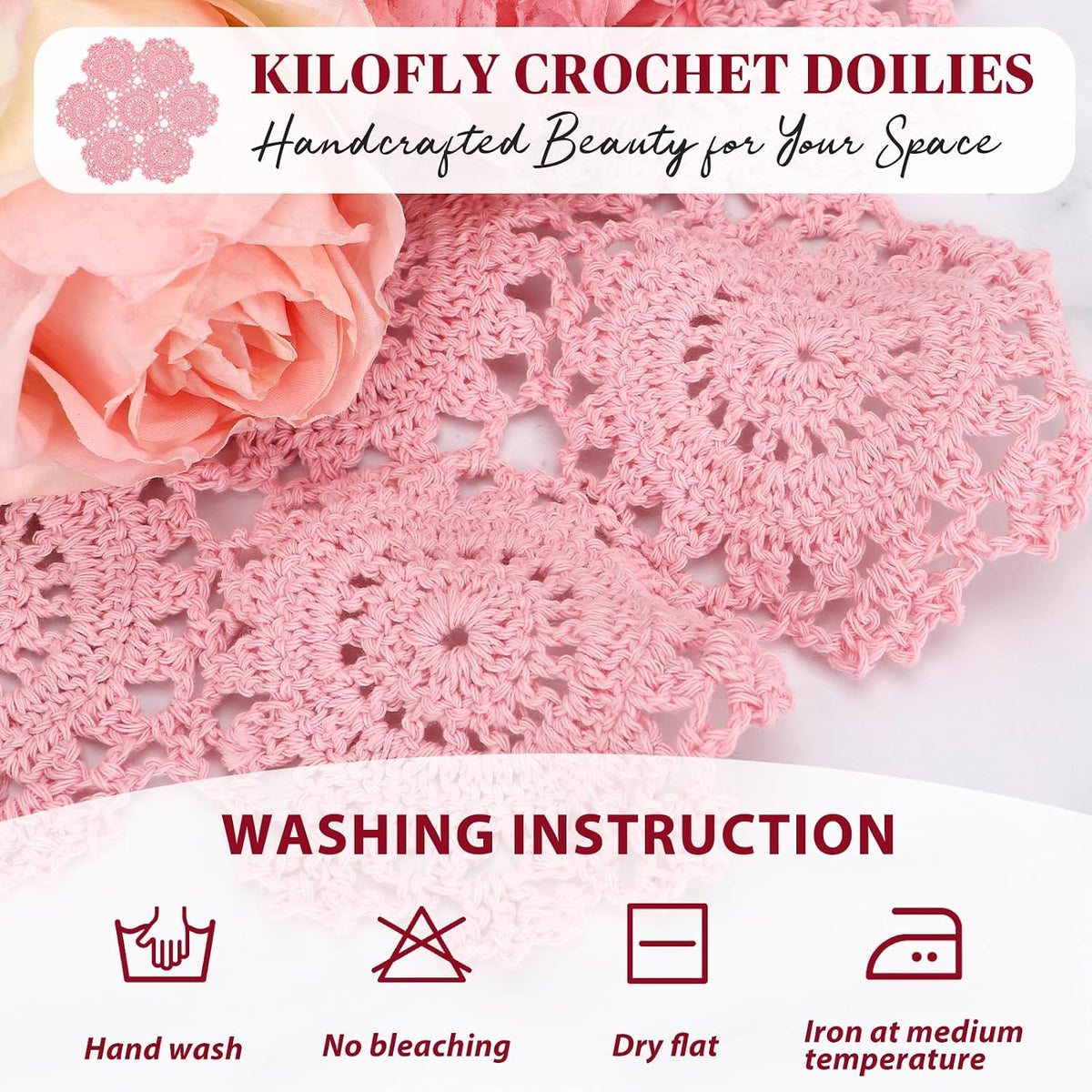 Crochet Cotton Lace Table Placemats Doilies Pack, 4pc, Blossoms, 10 inch (Pink)