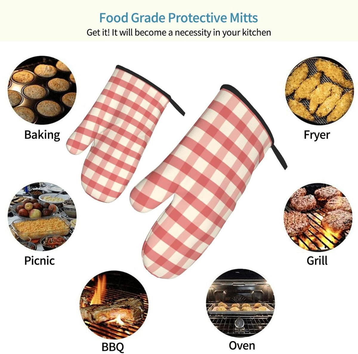 Retro Pink Gingham Print Oven Mitts for Women, Cute Kitchen aid Oven Mitts Heat Resistant with Cotton Lining
