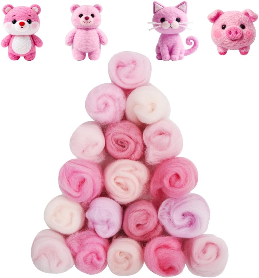 18 Pcs Needle Felting Wool, 9 Colors x 2 Packs Wool Roving, Pink