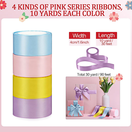 4 Rolls 40 Yards x 1.6 Inch Pastel Rainbow Satin Ribbon Bulk Fabric Ribbon Rolls for Gift Wrapping DIY Crafts Flower Bouquet Baby Shower Wedding Party Decor