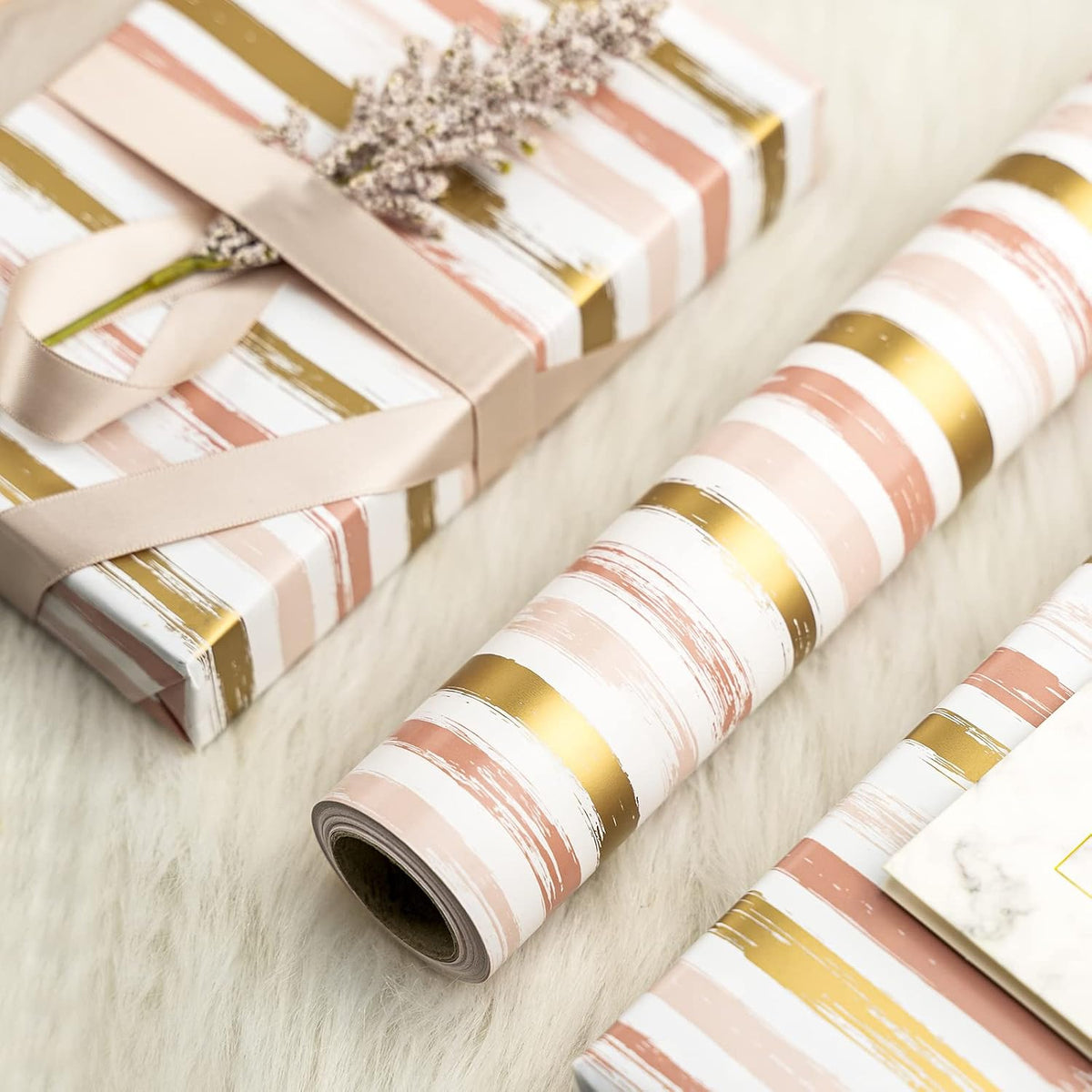 Reversible Pink Wrapping Paper - Mini Roll - 17 Inch X 33 Feet - Pink Gold Lines and Solid Pink Design for Girls Birthday, Baby Shower, Wedding, Bridal Shower