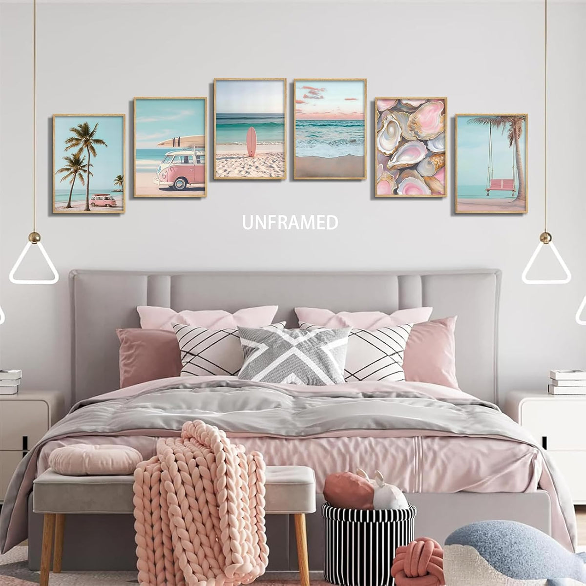 6Pcs Pink Coastal Beachy Wall Art Coastal Granddaughter Ocean Preppy Room Wall Decor Beach Aesthetic Paintings Pictures Posters Prints Artwork for Teen Girls Dorm Home Decoration(8x10 in Poster)