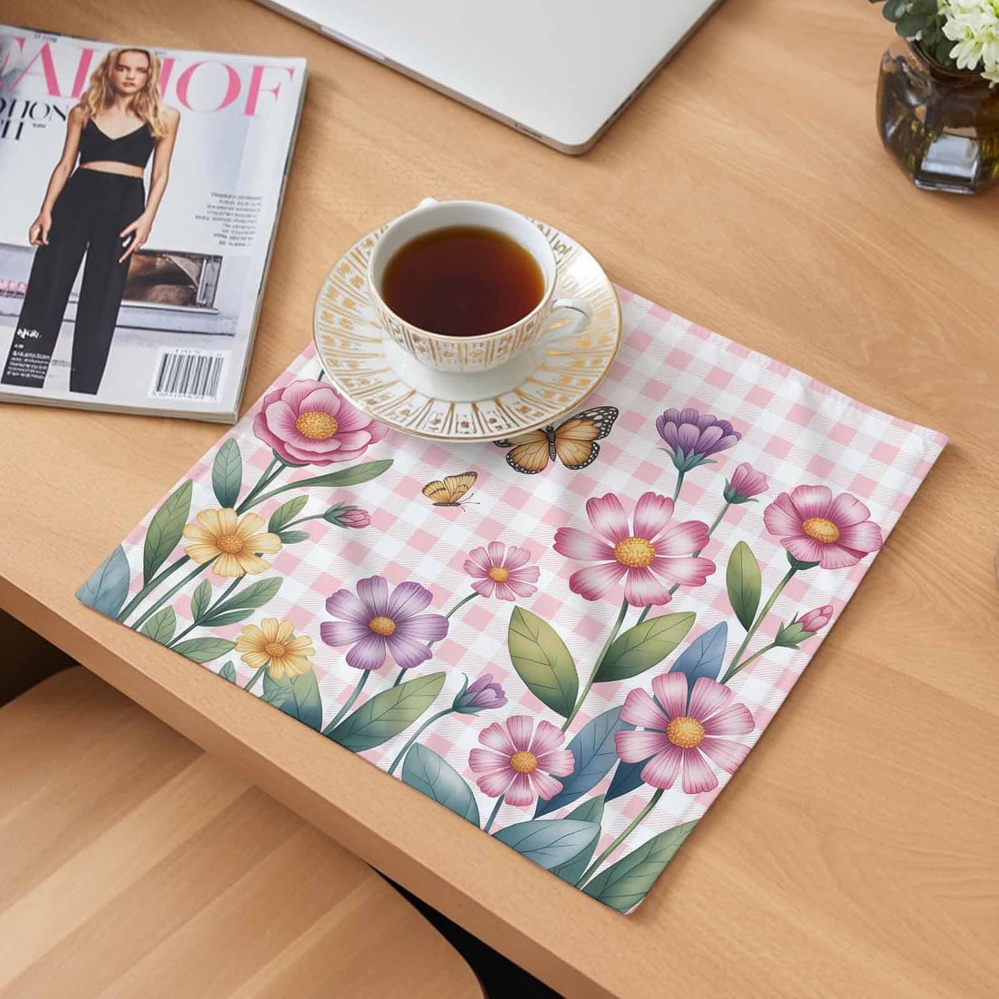 Pink Flowers Spring Floral Butterfly Leaves Plants Rustic Plaid Washable Reusable Dinner Cocktail Napkin for Kitchen Party Wedding Banquet Holiday Baby Shower Table Decor