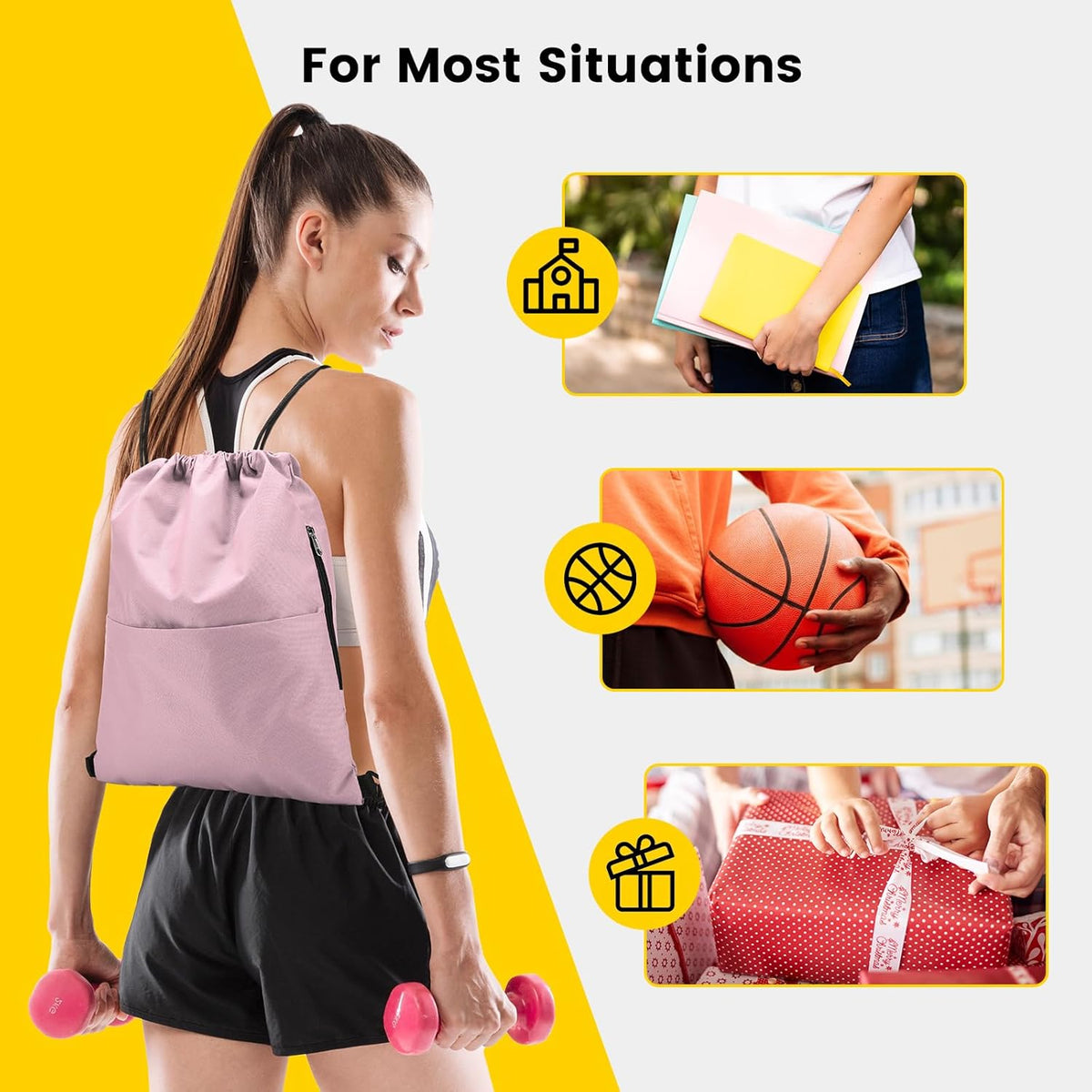 Drawstring Backpack with Side Pocket for Men Women