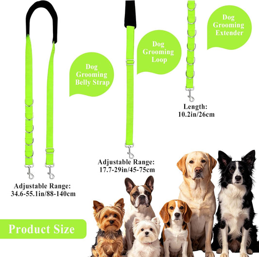 ASOCEA Dog Grooming Belly Strap Dogs Grooming Table Arm Extender Loop with D-Rings Adjustable Bathing Restraint Leash No Sit Haunch Holder for Small & Medium Dog Cat Hair Cutting Washing (Green)