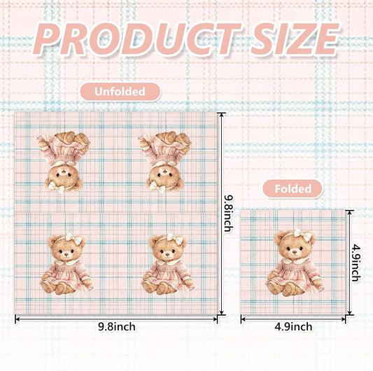 Whaline 50Pcs Bear Cocktail Napkins Pink Green Plaid Bow Bear Paper Napkins Preppy Polo Girl Baby Shower Napkin for Baby Celebration Gender Reveal Birthday Party Supplies