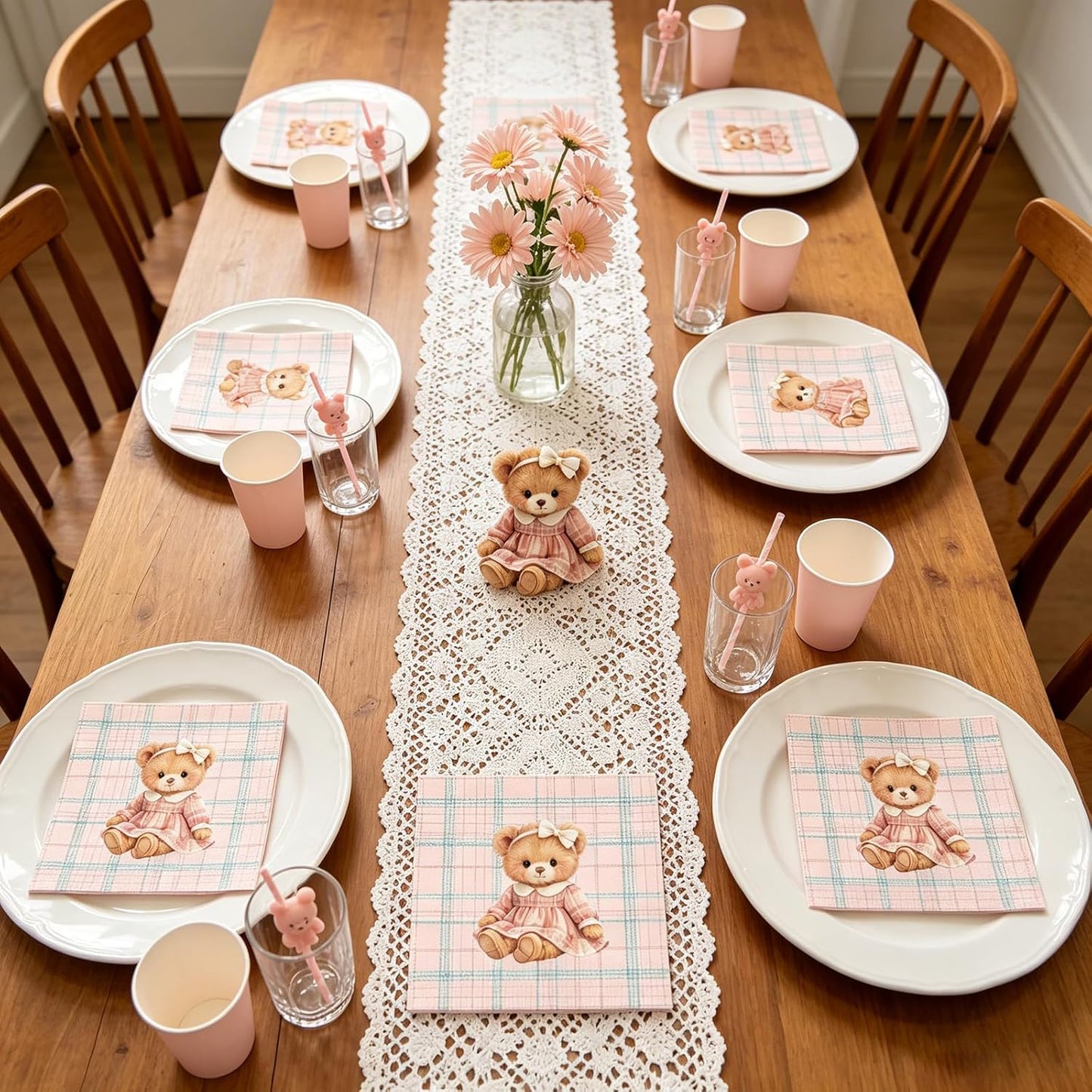 Whaline 50Pcs Bear Cocktail Napkins Pink Green Plaid Bow Bear Paper Napkins Preppy Polo Girl Baby Shower Napkin for Baby Celebration Gender Reveal Birthday Party Supplies