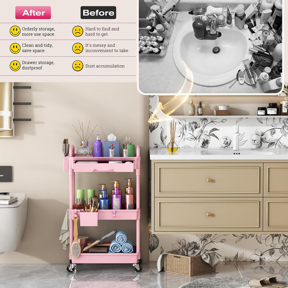 Rolling Makeup Organizer Cart with Removable Drawer, 3 Tier Pink