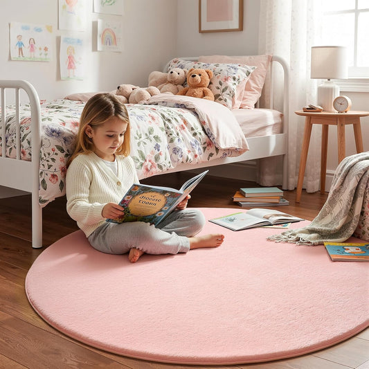 Amearea Pink Round Area Rug 4ft Washable Circle Rug for Bedroom Living Room