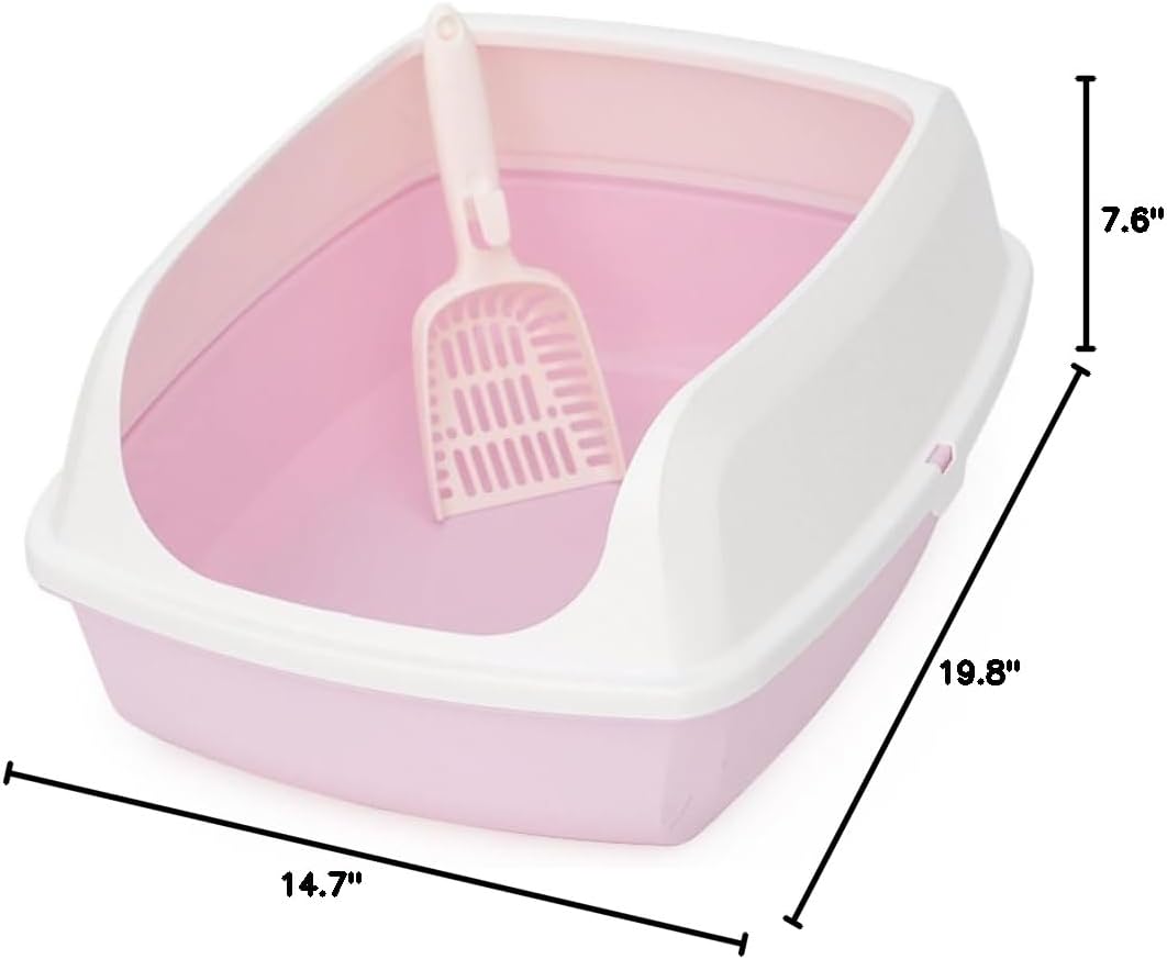 Open Top Cat Litter Box - Anti-Splashing High Sides Pet Litter Tray for Indoor Cats - 19.8" L x 14.7" W x 7.6" H(Pink)