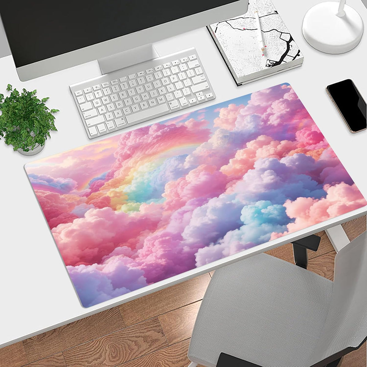 Cute Cloud Mouse Pad Modern Aesthetic Pastel Cloud Large Mouse Pad for Desk Pink Extended Simple Gaming Computer Desk Pad for Office and Home Non-Slip Rubber Base Mouse Mat 15.75L X 31.5W Inch