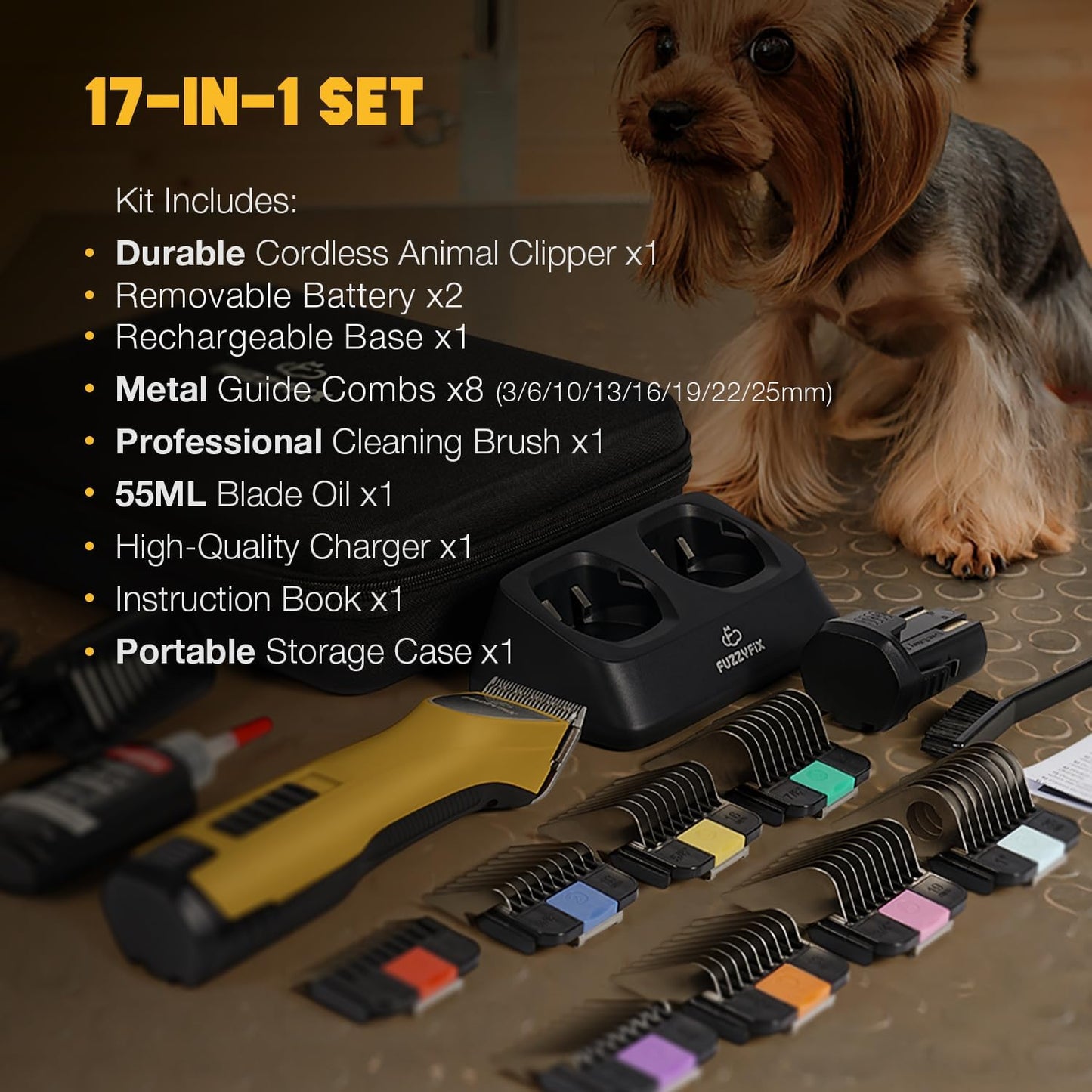 Professional Dog Clippers for Grooming with Charging Replacement, Low Noise Pet Grooming Kit for Thick Curly Matted Heavy Coats Cordless Hair Trimmer with 8 Metal Guide Combs for Animal Horse