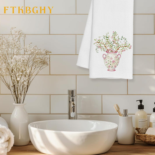 Chinoiserie Pink Floral Kitchen Towels, Grand Millenial Decor, Vintage Pink Flower Berry Plant Decorative Dish Hand Tea Towels for Bathroom Kitchen, 16x24 Inch