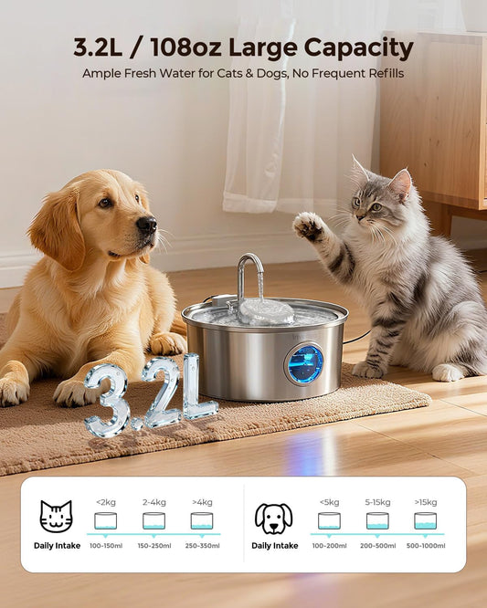 Invengo Cat Water Fountain Stainless Steel, 108oz/3.2L Pet Fountain with Large Water Level Window, Ultra Quiet Automatic Cat Water Dispenser for Cats and Dogs, 2 Flow Modes, Splash-Proof Design
