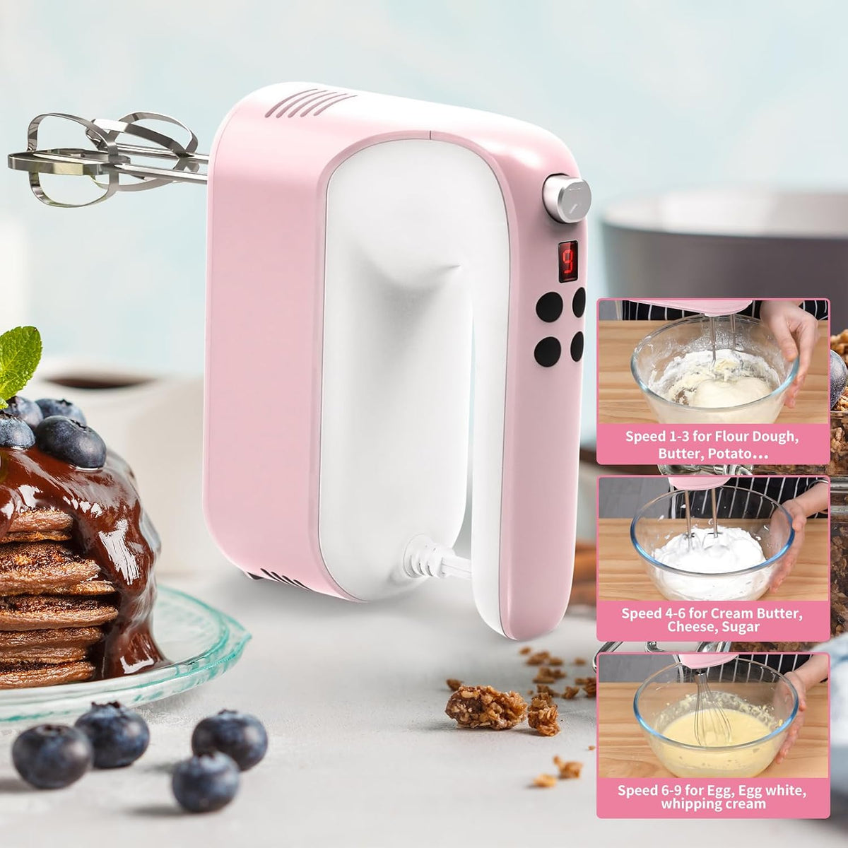 9-Speed Digital Hand Mixer Electric, 400W Powerful DC Motor, Hand Mixer Electric Handheld with Snap-On Storage Case, 5 Stainless Steel Accessories, Beaters, Dough Hooks, Whisk(Pink/White)