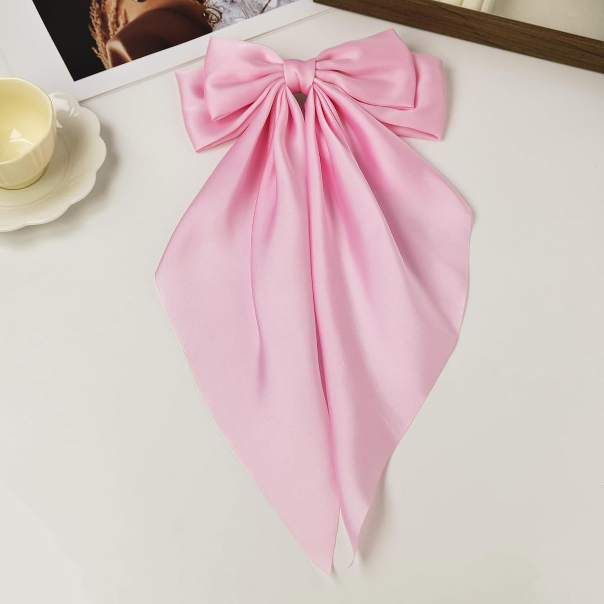 Large Pink Satin Hair Bow Clip for Women Girls Oversized Long Tail Hair Accessory for Party, Outfits, Gift for Girls, 1-Pack