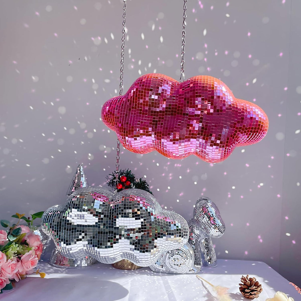 Pink Disco Ball Cloud Shaped, Hanging Disco Home Decor for Party,Room,Home, Retro Reflective Mirror Ball with Chain, Disco Ornaments, Design Patent
