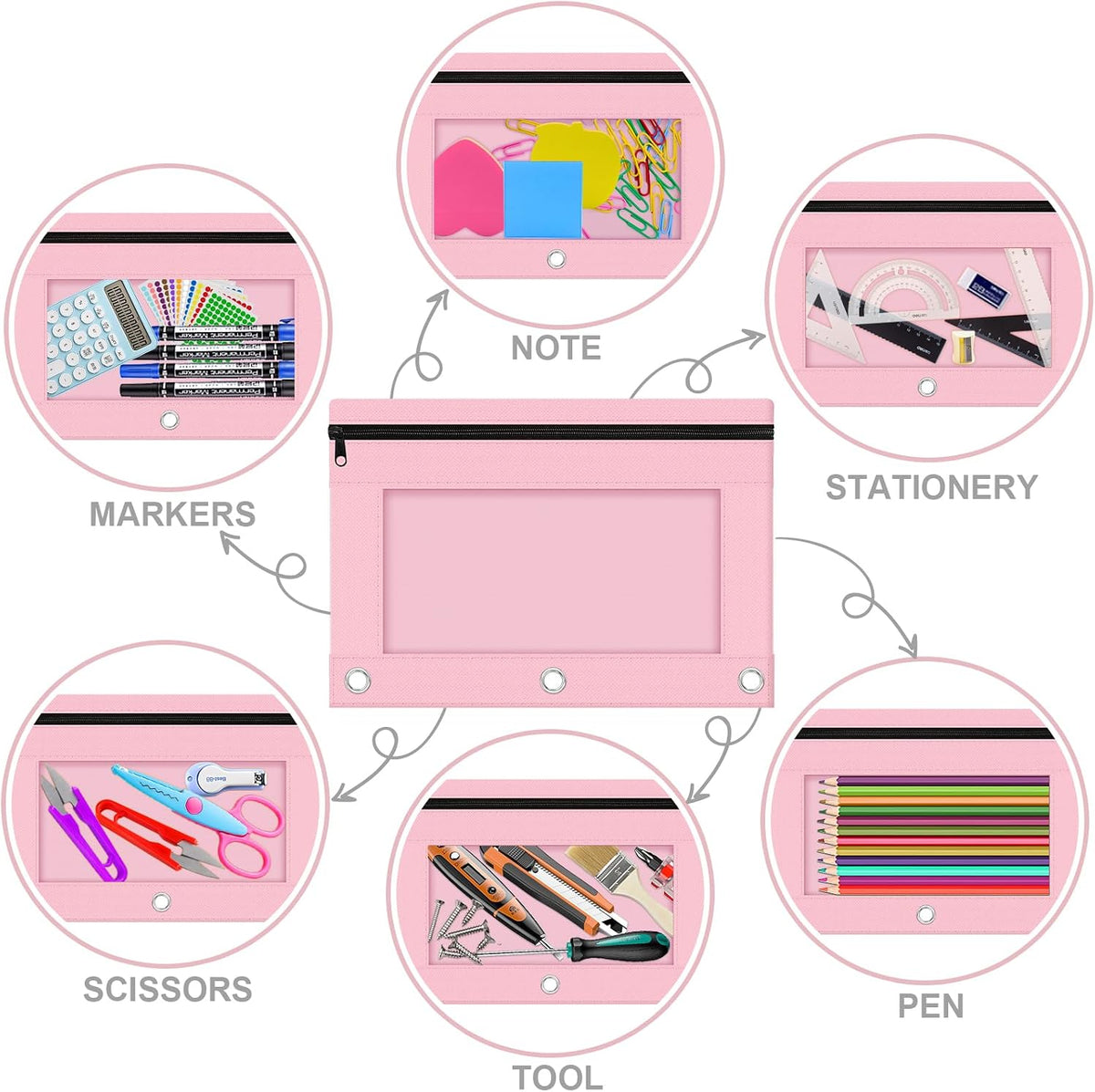 Pencil Pouch for 3 Ring Binder, 2 Pack Pencil Bags with Zipper, Pink Pencil Case for Classroom School Office Supplies, Large Sturdy and Durable Cloth Pencil Pocket for 3 Holder Binder
