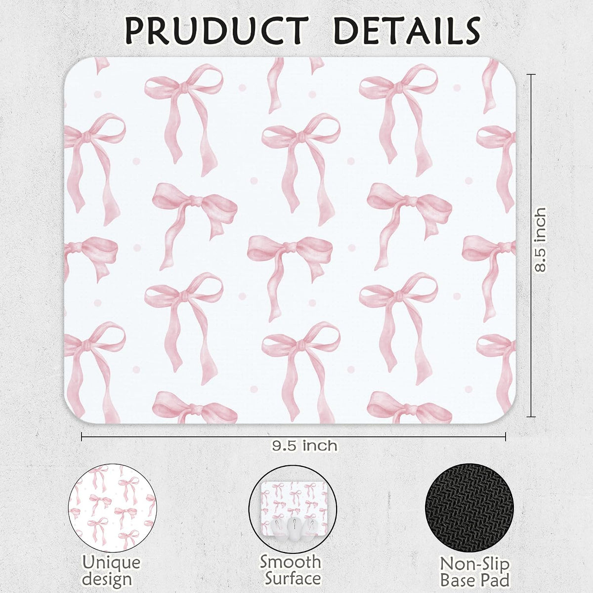 Coquette Pink Bow Mouse Pad, Preppy Girly Blue Mousepad for Work Office, Trendy Decor for Desk, 9.5x8 Inch