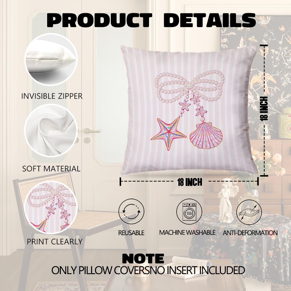 Coquette Pink Starfish Shell Pearl Bow Coastal Pillow Covers 18x18, Preppy Beach Room Decor, Girly Pink Striped Beach Decorative Throw Pillow Covers for Girls Bedroom Dorm Apartment