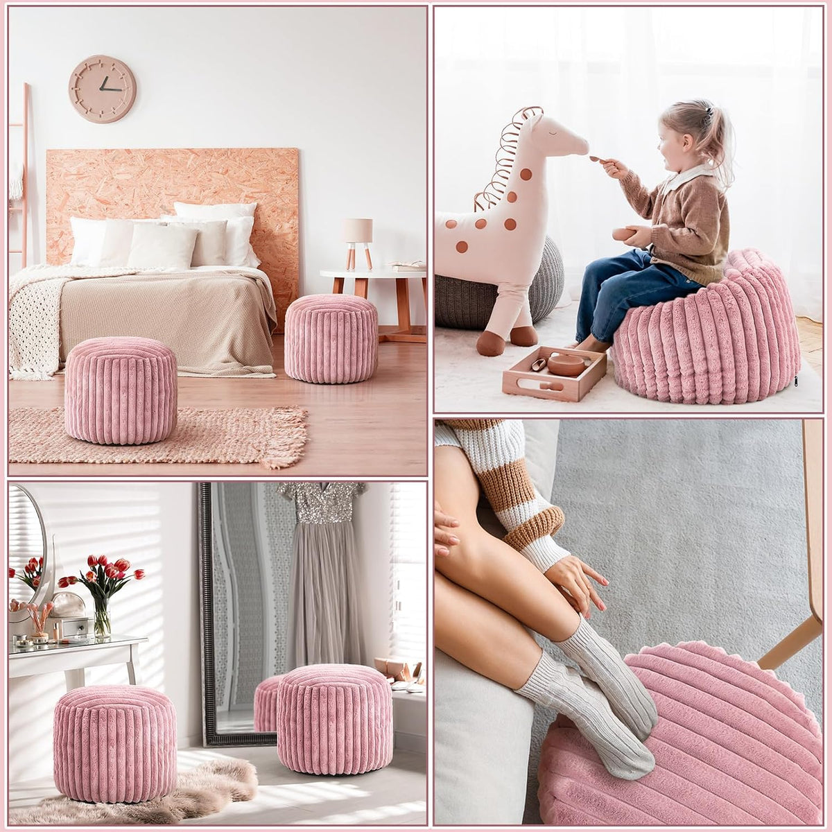 2 Pcs Unstuffed Pouf Ottoman Cover Pink, 20 x 15 in No Filler