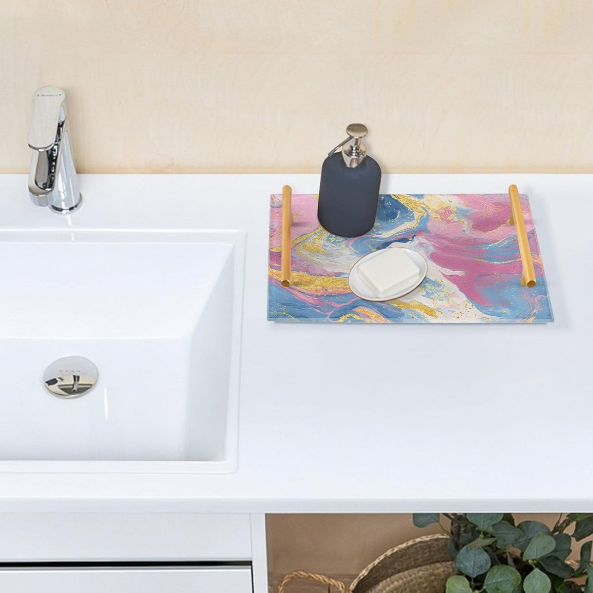 Pastel Pink Blue Marble Print Bathroom Perfume Vanity Tray Acrylic Serving Tray with Handles Decorative Party Platters for Coffee Tea Table Kitchen Countertop