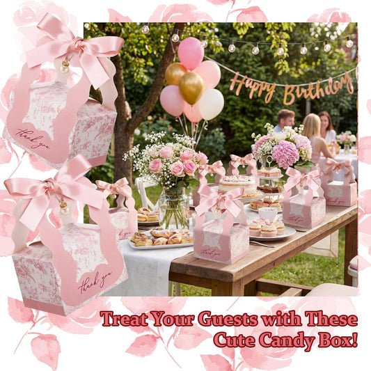 ForraFun 50 Sets Floral Wedding Favor Boxes with Pearl Pendant Bow Ribbon Floral Wedding Party Candy Boxes Bridal Gift for Guests Bridal Shower Birthday Party Anniversary Supplies (Pink)