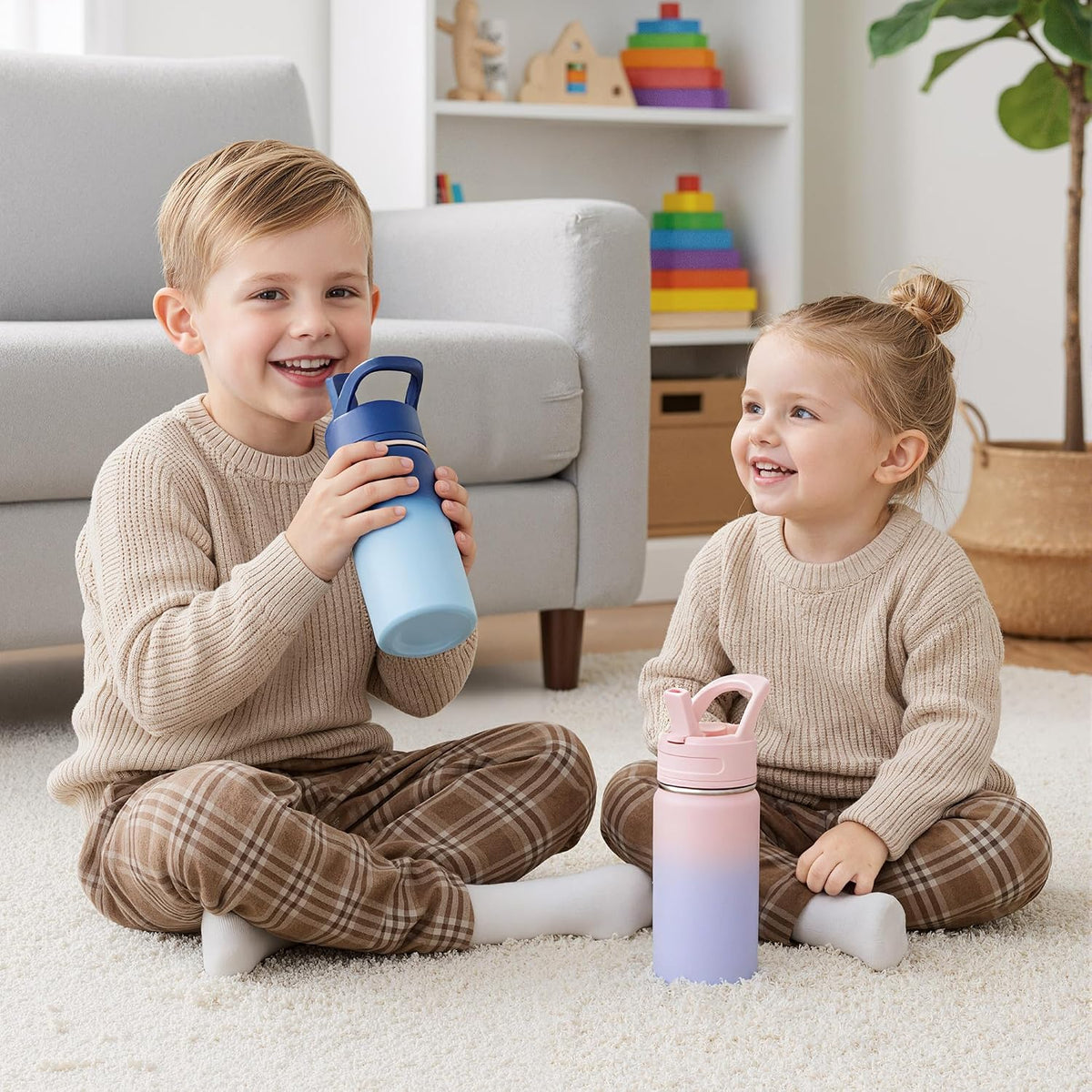 12oz Kids Water Bottle for School, Toddler Bottles with Straws, Stainless Steel Vacuum Insulated Water Bottle for Boys&Girls, Leak-Proof, BPA-Free, Pink