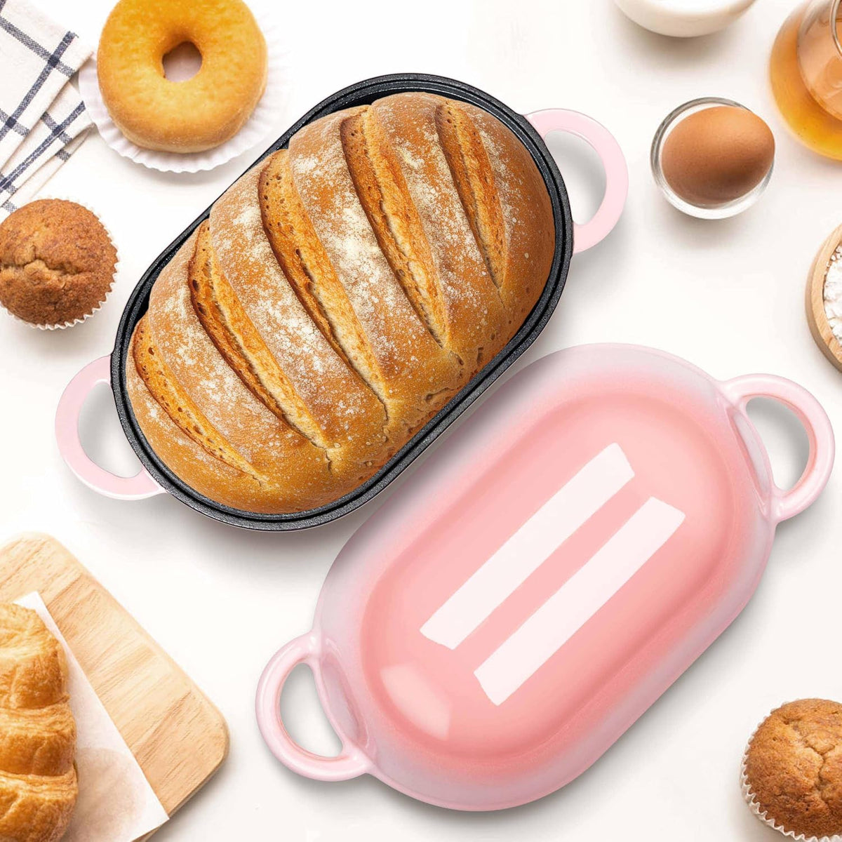 Enameled Cast Iron Dutch Oven for Bread Baking, 2.8 QT Oval Bread Oven Pot with Lid, 9.5 x 5.7 Inch Sourdough Loaf Baking Pan for Homemade Bread, Heavy Duty & Oven Safe, Pink