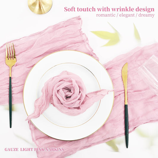42 Pcs Light Pink Gauze Cheesecloth Napkins, 20 x 20 Inch Wrinkled Rustic Boho Dinner Napkins for Wedding,Dinner,Family Everyday Use/Parties
