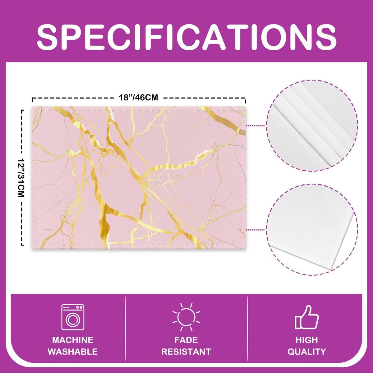 Gold Pink Placemats for Dining Patio Table Kitchen,Luxury Marble Texture Heat Resistant Dining Table Place Mat,Modern Abstract Waterproof Place Mats for Kids Adults 12x18 Set of 4