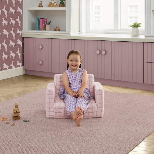 Checkered Cozee Flip-Out Kids Chair, Snuggly Sherpa-Like Foam Convertible Armchair for Boys and Girls, Machine Washable Cover, Soft Comfy Toddler Seating for Playroom/Bedroom, Pink