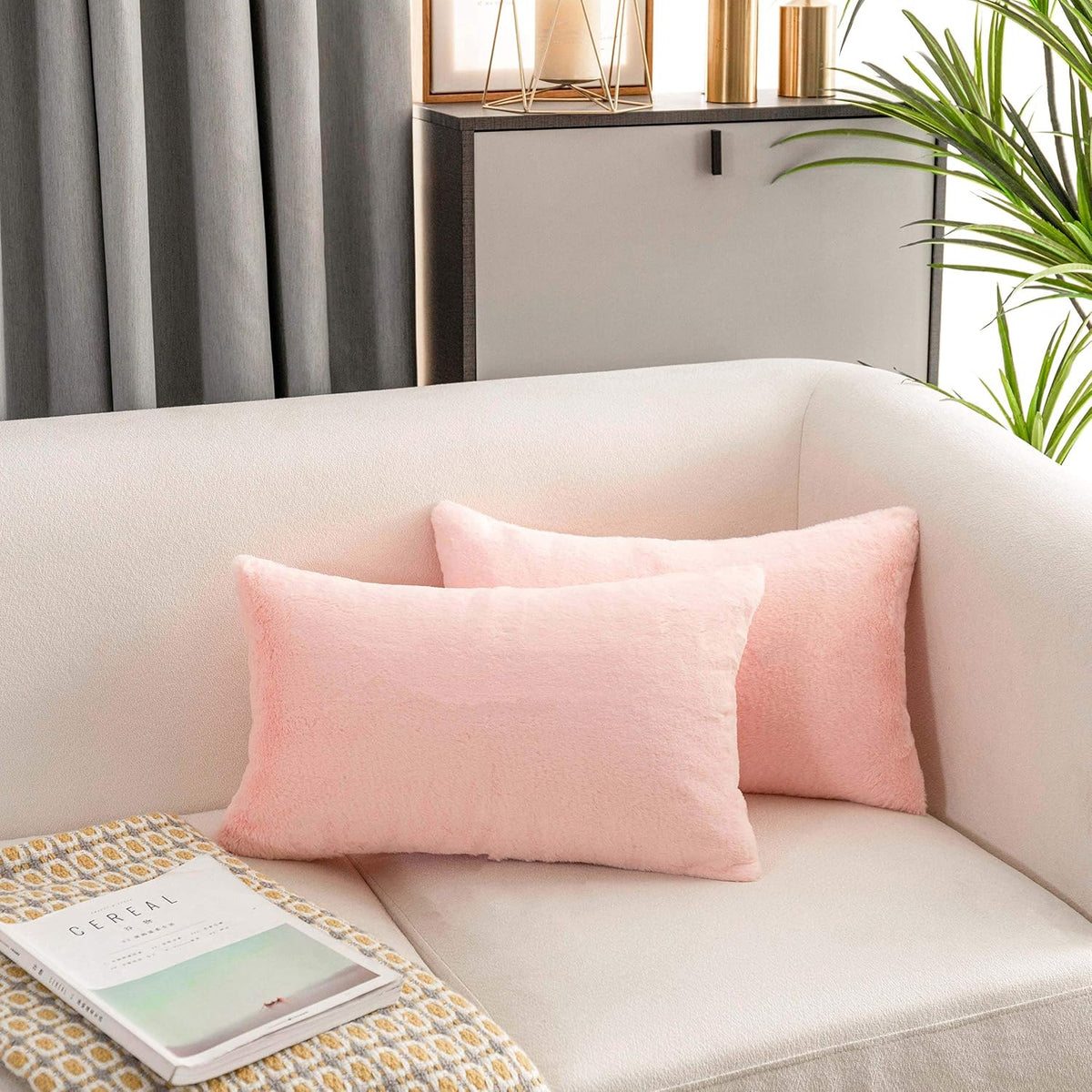 Pink Pillow Covers 12x20 Decorations Plush Fluffy Faux Fur Throw Pillow Case Supersoft Oblong Cushion Cover for Teen Girls, 12 x 20 inch, Pink