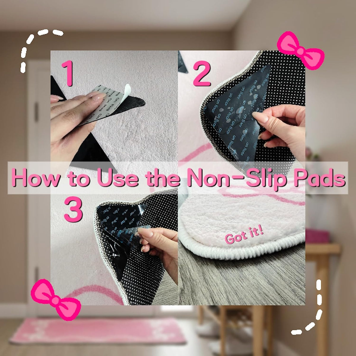 Pink Bow Plush Bath Mats, 2 Pack, 19.7 x 31.5 in with 8 Non-Slip Stickers