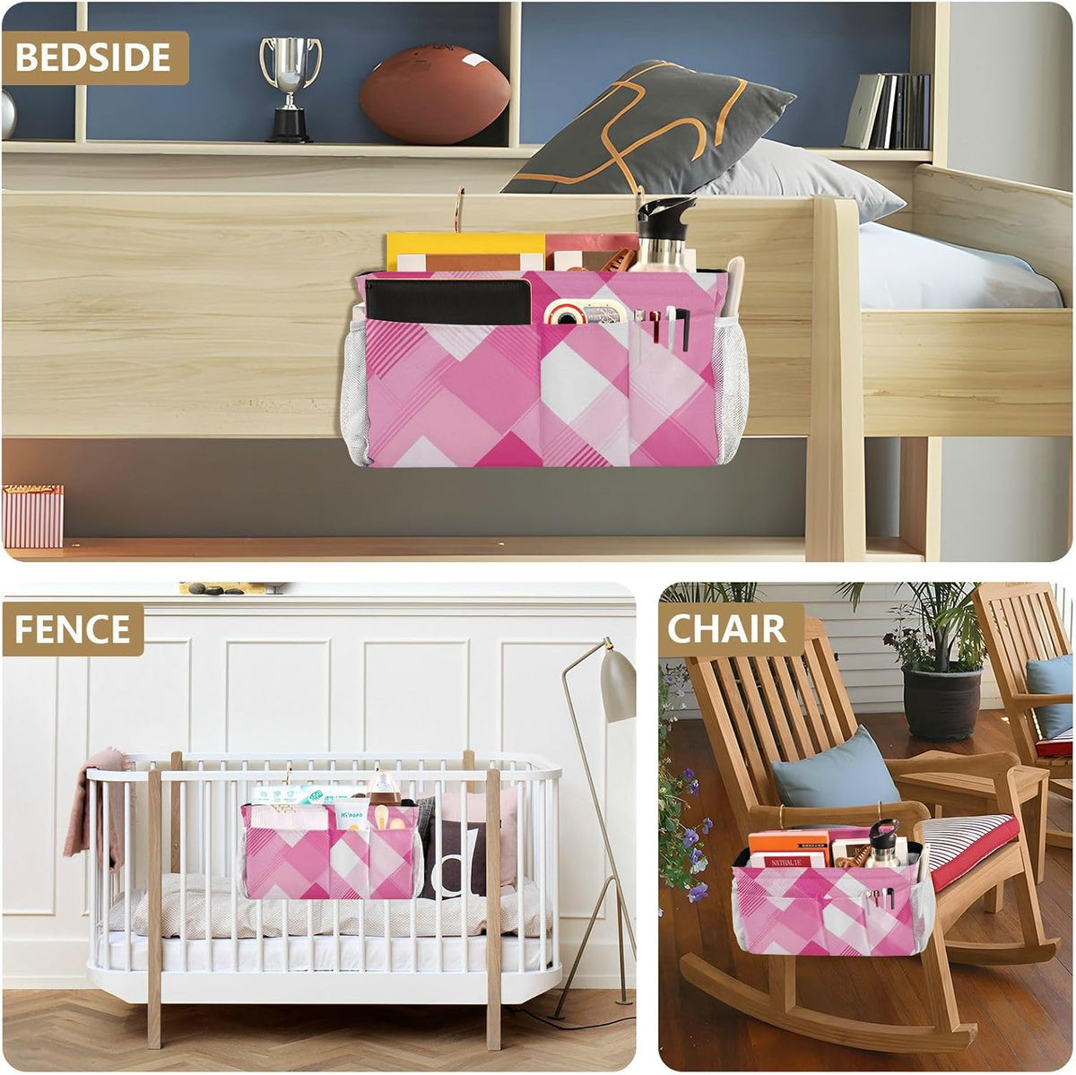 Light Pink Checkered Plaid Bedside Caddy Bedside Organizer Bedside Storage Caddy College Dorm Bed Accessories