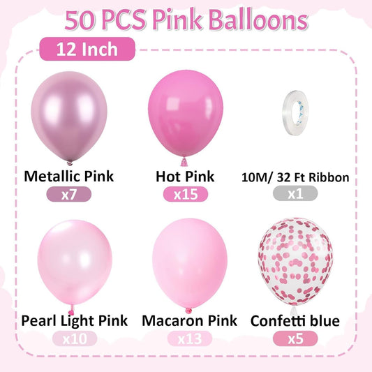 Pink Balloons Set, 50 Pcs 12 Inch Metallic Pastel Pearl Light Pink Confetti Balloons Helium with Ribbon for Women Girls Wedding Bridal Baby Shower Princess Birthday Party Decorations