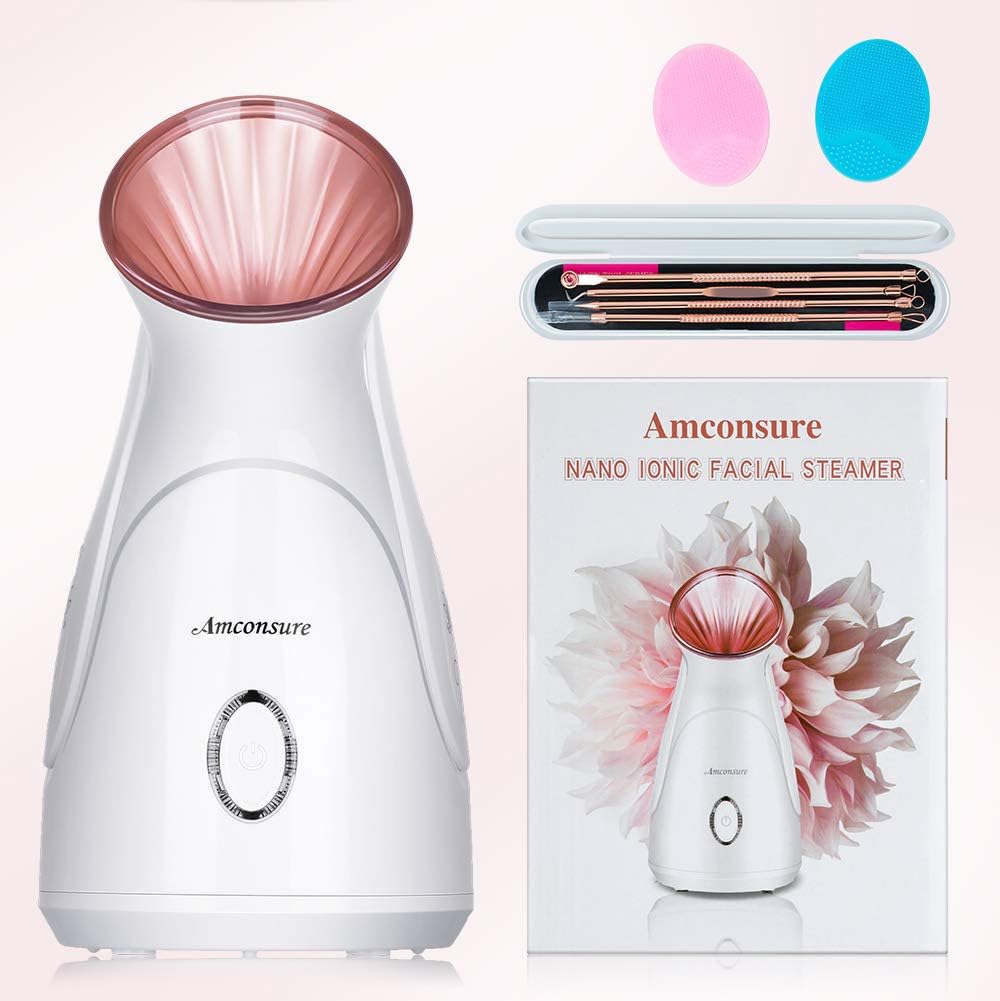 Facial Steamer, Nano Ionic Face Steamer for Home, 100ML Warm Mist Humidifier for Women Moisturizing, Unclogs Pores-Bonus Stainless Steel Skin Kit and 2 Face Scrubbers