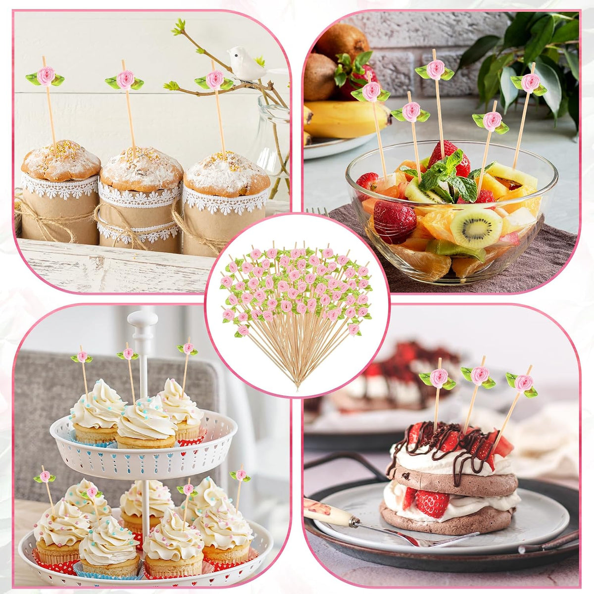 100 Pcs Pink Rose Flower Cocktail Picks, Pink Flower 4.7 Inch Drink Picks Appetizer Skewers, Cocktail Pick Fruit Skewers for Wedding Valentine Holiday Party Decoration