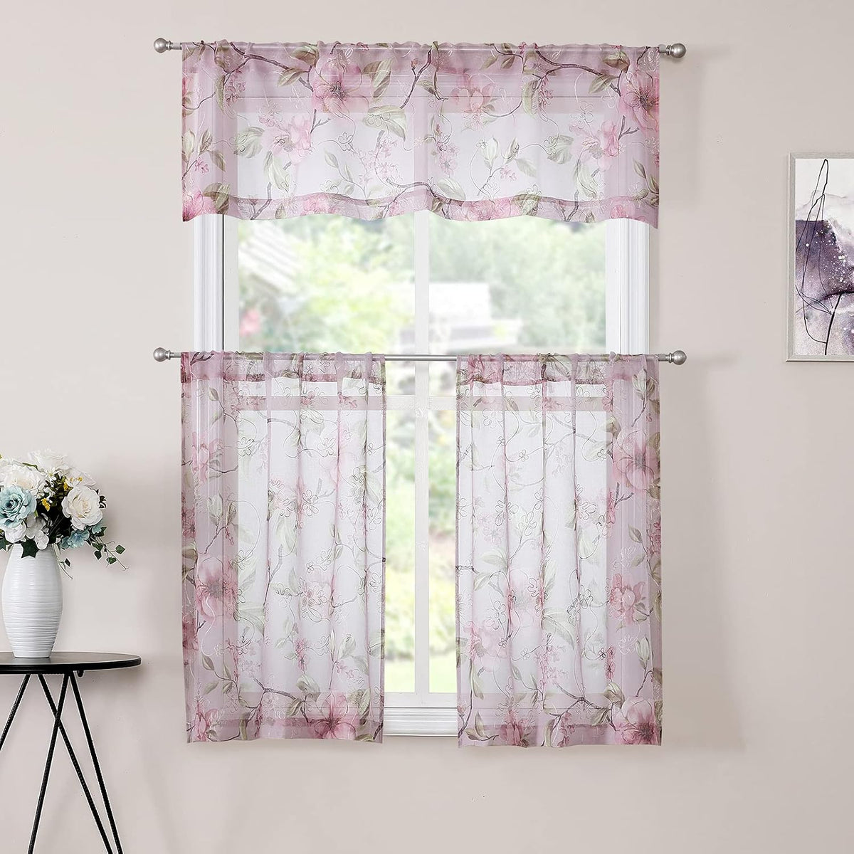 Sheer Valance Pink Flower Leaf Printed Floral Embroidered Bedroom Valance Curtains Sheer Rod Pocket Voile Window Curtain Valances for Living Room, 54 x 16 inches Long, Set of 1 Panel