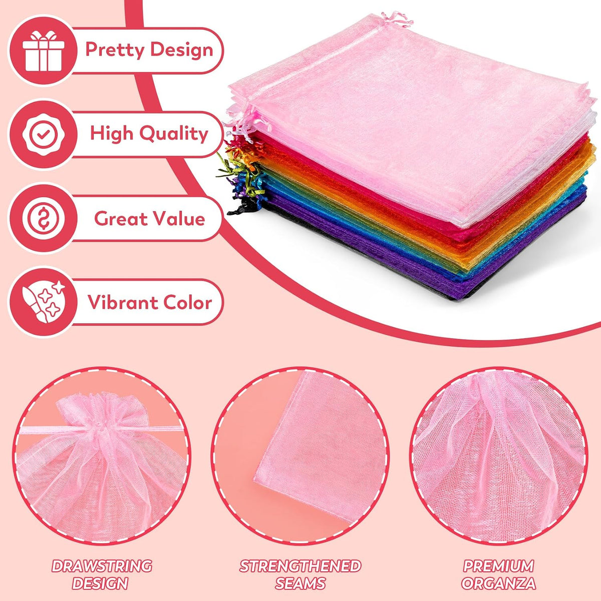 50Pcs Large Pink Organza Bags 6x9, Small Mesh Gift Bags Drawstring