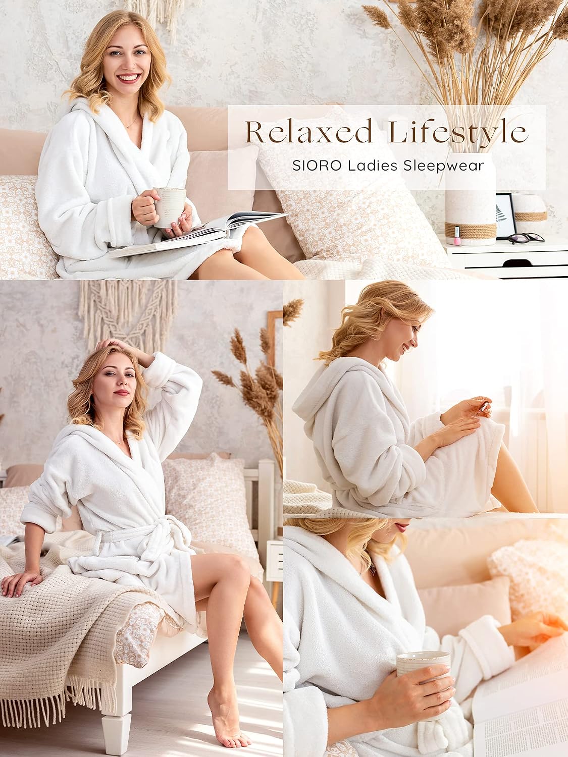 Women Hooded Terry Cloth Robes, Cotton Long Soft Plush Bathrobe for Shower, Spa, Towel Knee-Length Robe with Pockets