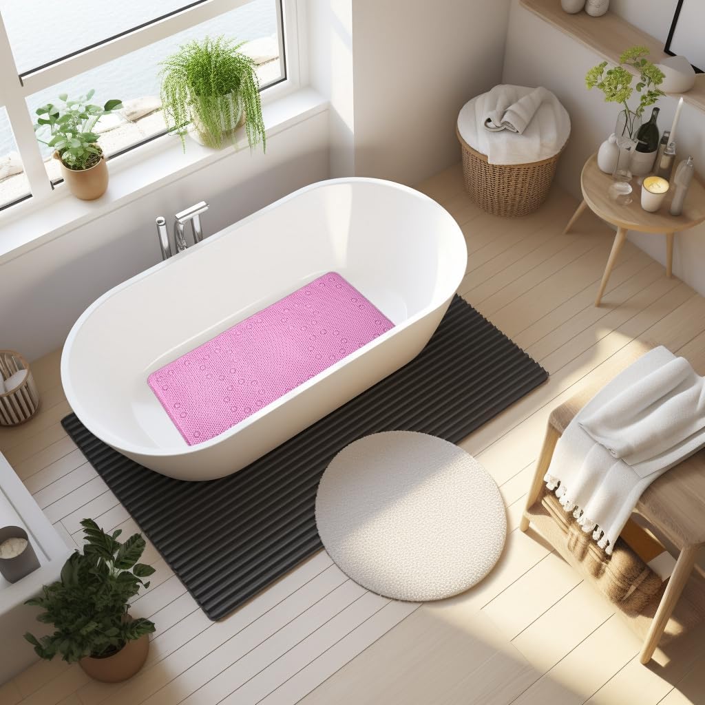 Bathtub Mat Non Slip, Soft Foam Bath Mat for Tub, Bathtub Mat with Drain Holes, Suction Cups Shower Mat (Pink, 36''X17'')