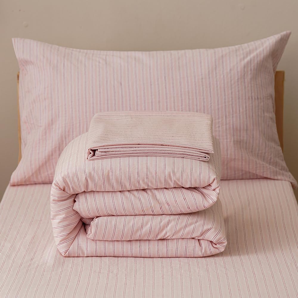 4Pieces Washed Cotton Pink Purple Striped Toddler Bedding Sets Kids Comforter Soft Crib Bed Set Including Comforter, Flat Sheet, Fitted Sheet and Pillowcase, All Season