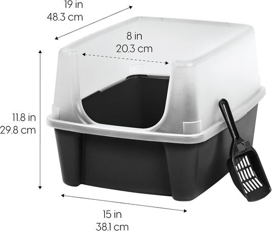 IRIS USA Cat Litter Box Large Open Top with High Sided Walls Tall Scatter Shield Scoop Included Easy Clean Plastic Pan Stain Resistant for Big Cats Kittens Indoor Multi-Cat Households