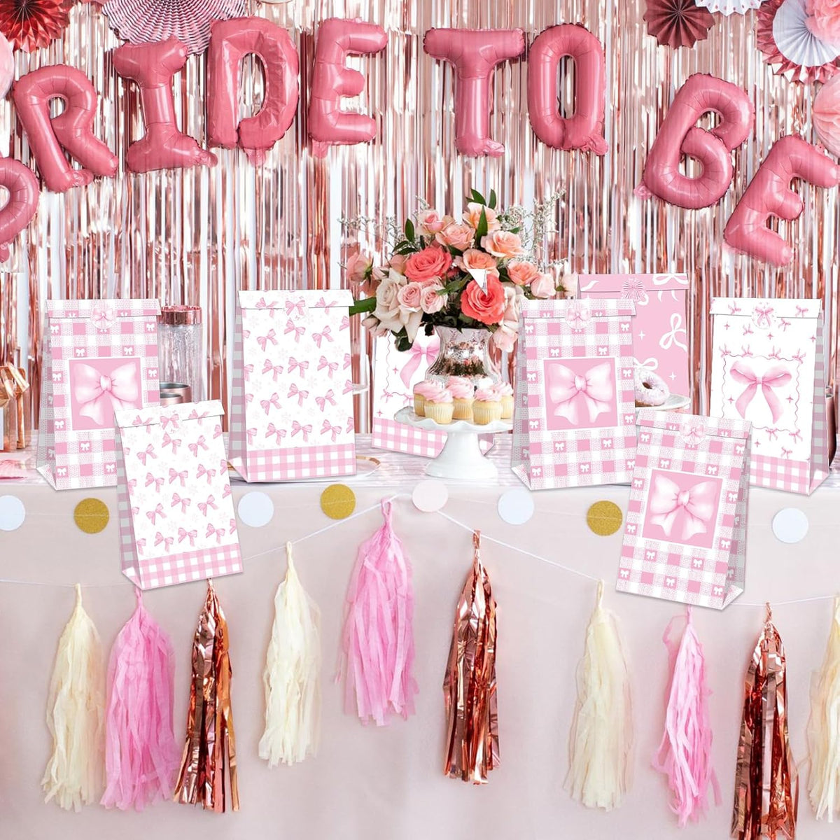 12 Pcs Pink Ribbon Bow Gift Bags with Handles, Plaid Kraft Paper Bags for Coquette-Style Birthday Party Favors, Baby Shower, Wedding, Girls Tea Party, Cute Pink Goodie Bag Bulk for Treats and Gifts