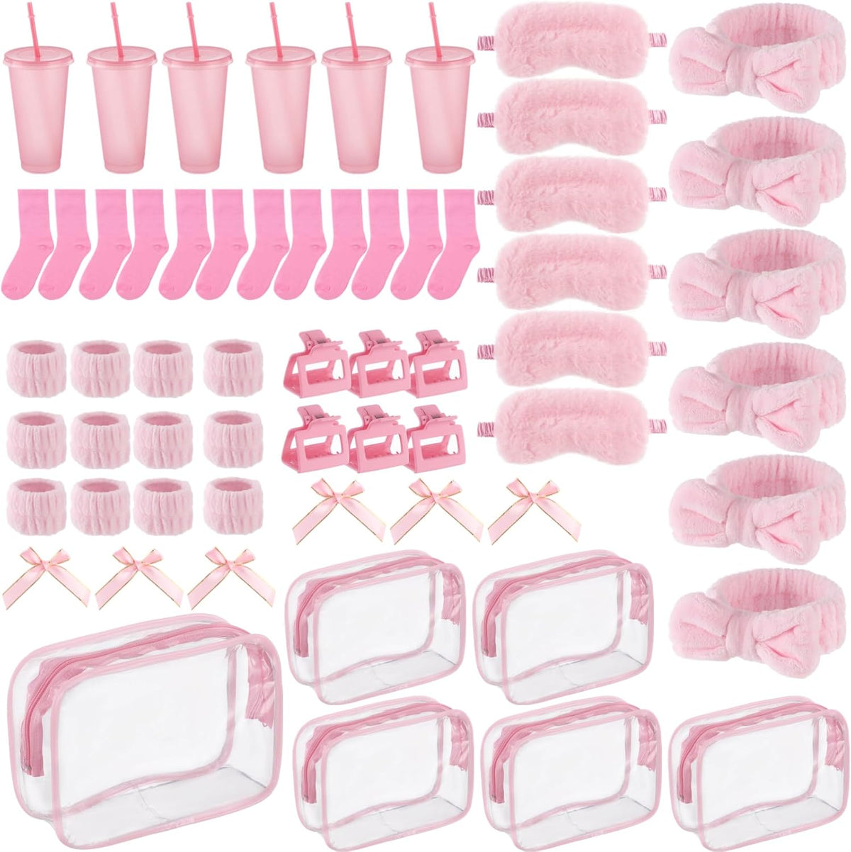 6 Sets Sleepover Party Supplies, Pink Spa Slumber Party Favors, Glitter Plastic Cup with Lid and Straw, Eye Mask Headband Wristband Cosmetic Bag for Birthday Pajamas Gender Reveal